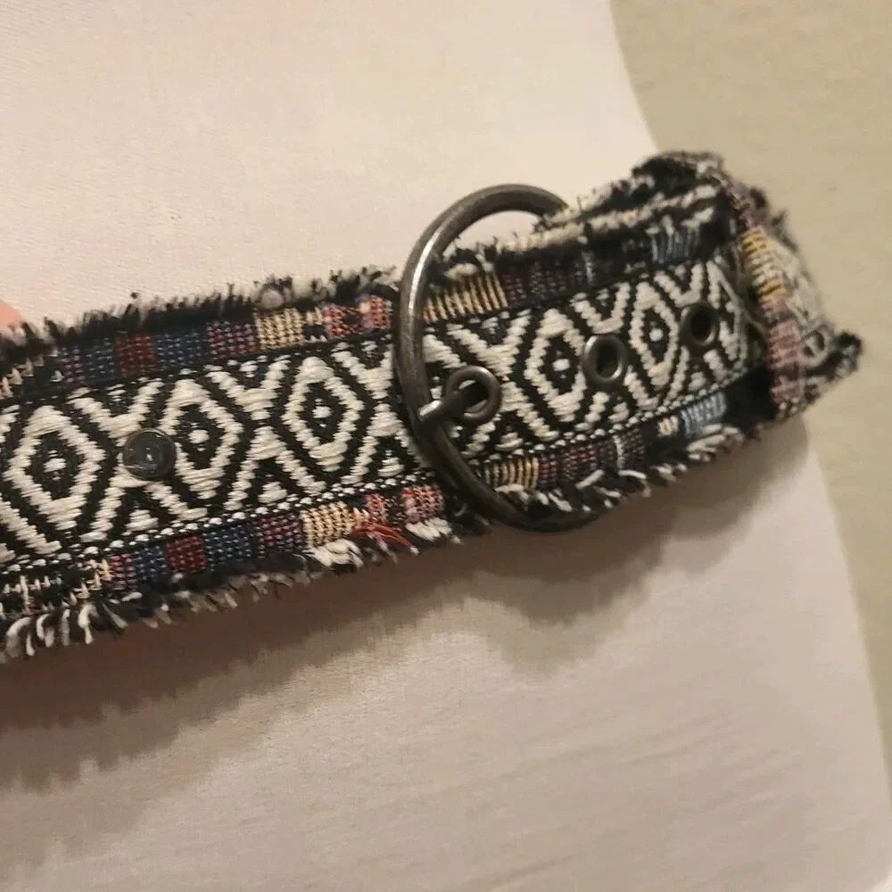 Retro Bohemian Chic Fabric Wide Belt Round Metal Buckle Sz 7 31"-35"